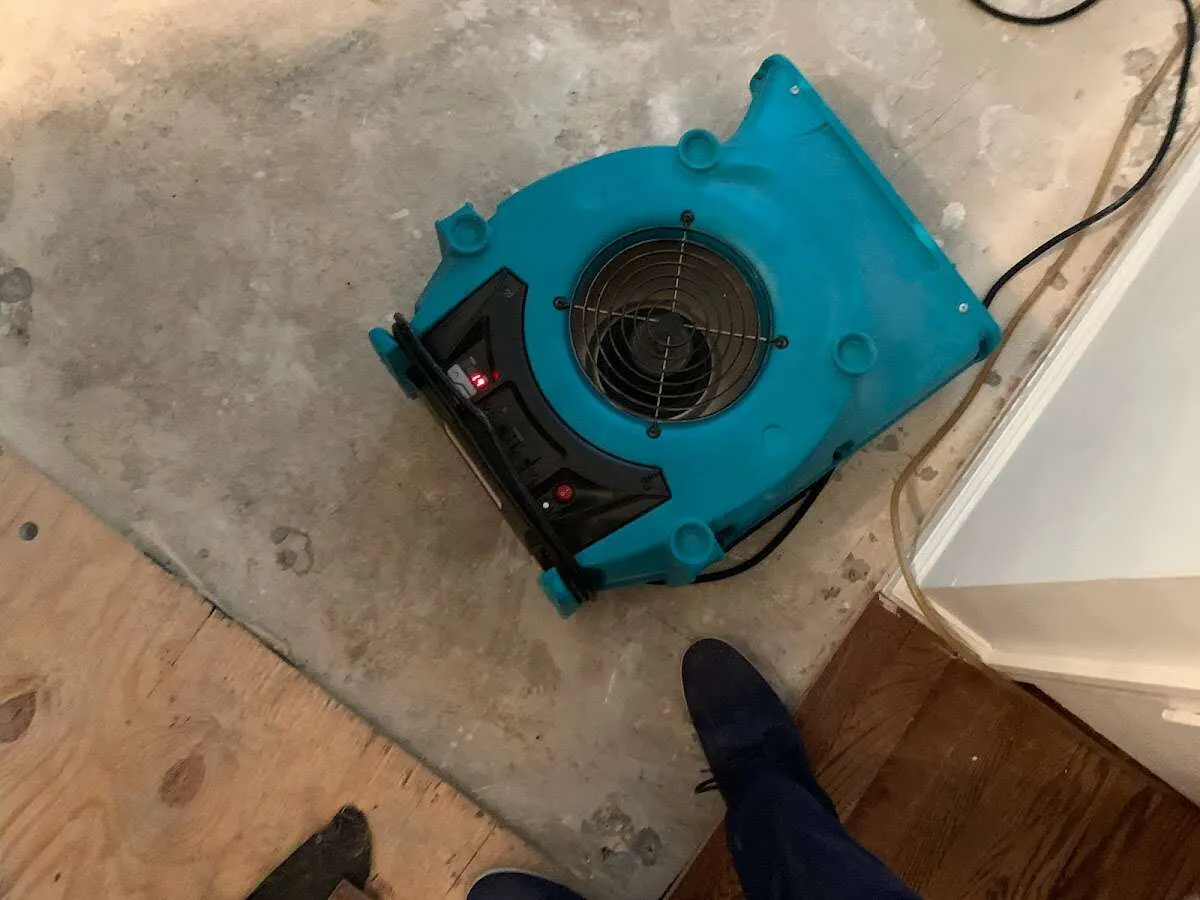 Air mover drying subfloor during Leak Detection & Repair in Rogers